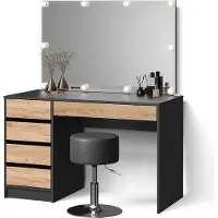 Livinity Toeletta Imola Antracite/Rovere dorato con specchio, catena luminosa LED e sgabello, Model 53100