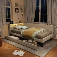 UnboxG Divano letto / letto singolo 90×200 cm beige, letto imbottito in velluto con contenitore, 2 cassetti, testiera LED con USB e Type-C, funzione trasformabile, letto per bambini e ospiti