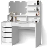 Livinity Tavolo da toeletta Imola Bianco 120 cm con mensola con specchio e catena luminosa LED, Model 52432