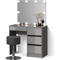 Livinity Tavolo da toeletta Imola Grigio con specchio, catena luminosa LED e sgabello, Model 52426