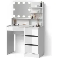 Livinity Tavolo da toeletta Imola Bianco 90 cm con mensola con specchio e catena luminosa LED, Model 52436
