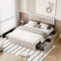 CDGlobal Letto imbottito 160x200cm con LED, testata regolabile in altezza e 4 cassetti, letto matrimoniale funzionale con rete a doghe e rivestimento in velluto in beige