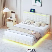 CDGlobal Letto imbottito 160 x 200 cm, struttura letto imbottita galleggiante con luci LED e testiera design, letto matrimoniale piatto, letto per ospiti in lino skin-friendly, beige