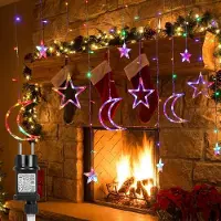 Rosikey 3M Stella Luna Fata Luci Tenda Colorata Fata Luci Tenda 124 LED Stella Tenda 8 Modi Luci di Natale Festa di Natale Finestra Decorazione Interna Luce