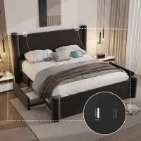 LVHOM Letto imbottito con USB e 2 cassetti, letto matrimoniale 140x200cm, letto per ragazzi con rete a doghe, rivestimento in velluto letto in legno imbottito, nero