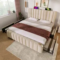 Flieks Letto imbottito 160x200cm con funzione di ricarica (USB, Type-C), letto matrimoniale contenitore con 4 cassetti, letto giovanile funzionale, biancheria, beige