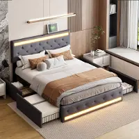 ProximaX Letto matrimoniale in lino grigio, 140 x 190 cm – LED integrati, porte USB/tipo C, 4 cassetti in metallo