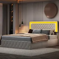 CDGlobal letto imbottito con LED, letto a molle idrauliche 160x200cm con rete a doghe e contenitore, letto matrimoniale in legno letto per ragazzi in Pelle finta,