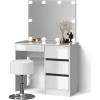 Livinity Tavolo da toeletta Imola Bianco con specchio, catena luminosa LED e sgabello, Model 52400