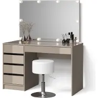 Livinity Tavolo da trucco Imola Grigio con specchio, catena luminosa LED e sgabello, Model 52449
