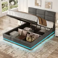 LVHOM Letto imbottito 140x200cm con LED e USB, letto matrimoniale con sistema idraulico, letto contenitore in tessuto vellutato, struttura letto solida, letto a molle, grigio