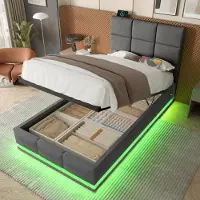 LVHOM Letto imbottito 90x200cm con LED e USB, letto singolo con sistema idraulico, letto contenitore in tessuto vellutato, struttura letto solida, letto a molle, grigio scuro