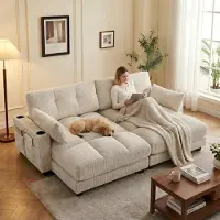 LVHOM Divano letto con USB e portabicchieri, divano a 2 posti, reclinabile con tasche laterali, poltrona lounge da pavimento, schienale regolabile, beige