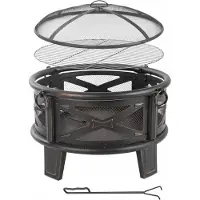 Relaxdays Braciere , Ø 66 cm, con griglia, parascintille e attizzatoio, braciere da giardino, nero/bronzo