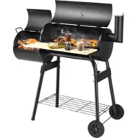Costway Carrello per barbecue a carbonella con coperchio, affumicatore e grill 2 in 1 con ruote, termometro, focolare laterale, tavolo laterale e ripiano
