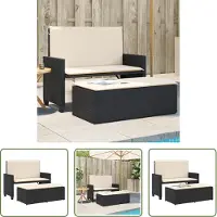 The Living Store Panca da giardino con cuscino e sgabello in Poly Rattan nero
