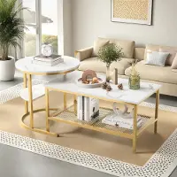 Fortuna Set di 2 tavolini Lai, look marmo con ripiano e struttura in metallo, bianco + oro