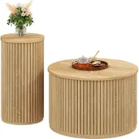 Rolipo Tavolino da caffè rotondo, doppio, in legno naturale, multifunzionale, design moderno