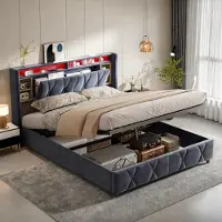 Fortuna Letto imbottito Lai 140x200 cm, LED, USB e Type-C, letto contenitore con rete a doghe, velluto, grigio