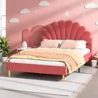 Fortuna Letto imbottito Lai 140x200 cm per bambina, con testata a fiori e rete a doghe, legno massiccio, velluto, rosso