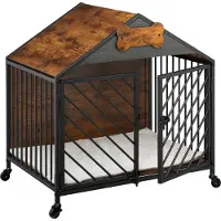 Relaxdays Gabbia per cani per uso domestico, stile industriale, L x P x A 73x70x53 cm, cuccia per cani con rotelle, gabbia, MDF, acciaio, marrone/nero