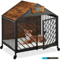 Relaxdays Gabbia per cani per uso domestico, stile industriale, L x P x A 73x70x53 cm, cuccia per cani con rotelle, gabbia, MDF, acciaio, marrone/nero
