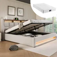 MODFU Letto a cassetti, letto imbottito 140x200 cm, letto matrimoniale idraulico con contenitore, illuminazione a LED e porta USB (con materasso), beige