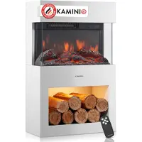 KAMINIO Camino elettrico HENRI - Stufa elettrica con riscaldamento, effetto fiamma 3D, vano portalegna, telecomando - Bianco