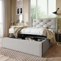 Sweiko Letto a molle Letto imbottito con testiera e rete a doghe, funzione contenitore letto 90x200cm, cotone, grigio chiaro (senza materasso)