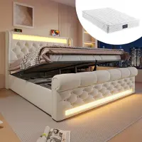 OKWISH Letto matrimoniale 140x200 con materasso e materassino, letto matrimoniale con illuminazione LED e testata contenitore, letto contenitore con connettori USB e Type-C, velluto, beige