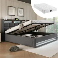 STILVORA Letti boxspring , letto imbottito 140x200 cm, letto per ragazzi, struttura letto con contenitore idraulico dotato di illuminazione a LED e porta USB, tessuto in lino, grigio (con materasso)