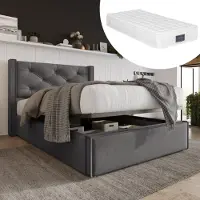 MODFU Letto a doghe , letto imbottito 90x200 cm, letto singolo idraulico con rete a doghe su telaio in metallo, con materasso, grigio