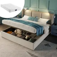 MODFU Letto imbottito 140x200 cm con contenitore, senza base, Letto idraulico a molle in ecopelle con luce di lettura e funzione di ricarica USB, letto matrimoniale funzionale, beige (con materasso)