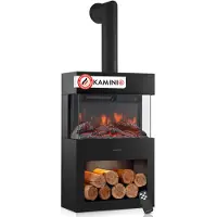 KAMINIO Camino elettrico HENRI con tubo del camino - Stufa elettrica con riscaldamento, effetto fiamma 3D, vano portalegna, telecomando - Nero