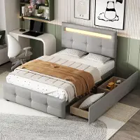 MODFU , letto imbottito 90 x 200 cm, letto singolo per bambini con luci LED, 2 cassetti (senza materasso), colore grigio