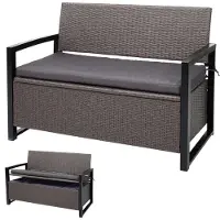 Mendler Panca da giardino Poly-Rattan, modello MCW-F39, con spazio contenitore, ideale per l'esterno, dimensioni 117 cm, colore grigio marmorizzato, cuscini grigi