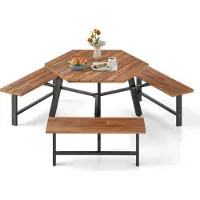 Costway Set tavolo da picnic per 6 persone, tavolo da giardino in legno d'acacia con foro per ombrellone e 3 panchine, mobili da patio, mobili da giardino, gruppo di sedute, set di sedute