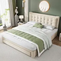 MODFU Letto matrimoniale imbottito 180x200 cm con cassetti 2 in 1, letto a scomparsa idraulico con rete e testiera, velluto (materasso escluso), beige