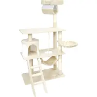 Wiltec Tiragraffi in beige/bianco alto 141 cm, albero per gatti con sisal, tiragraffi per gatti con casetta per gatti, tappetino per appendere e abbeveratoio, albero da arrampicata per gatti