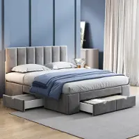 MODFU Letto imbottito , 140 x 200 cm, in velluto, con testiera regolabile in altezza, contenitore, rete e 4 cassetti, senza materasso, colore grigio