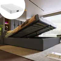 OKWISH letto a molle imbottite 160 x 200 cm con testata con vano contenitore e connessione di ricarica USB, letto contenitore idraulico con vano rete e illuminazione a LED (con materasso) - grigio
