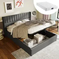 STILVORA Letto matrimoniale 140x200 cm, struttura a letto imbottito con rete a doghe in metallo, design a righe verticali, color beige (con materasso incluso)