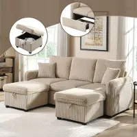 OKWISH divano angolare con funzione di contenitore, divano imbottito a U a tre posti con funzione di riposo, divano sfoderabile con cassetti + pouf con vano portaoggetti, Beige