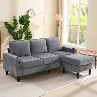 STILVORA DIVANO , 3 posti, divano relax imbottito con due portabicchieri, divano letto a forma di L con prese USB e di tipo C, colore grigio
