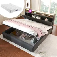 MODFU Letto imbottito letto matrimoniale 160x200cm con funzione di ricarica USB e illuminazione LED, letto a sacco idraulico (con materasso), grigio