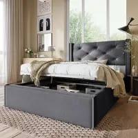 MODFU Letto a cassettoni , letto imbottito 90x200 cm, letto singolo idraulico con rete a doghe su telaio in metallo, senza materasso, grigio