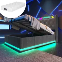 OKWISH letto imbottito boxspring 90 x 200 cm con testata con porta di ricarica USB e Type-C, letto idraulico con presa di corrente e illuminazione a LED (con materasso) - grigio lino