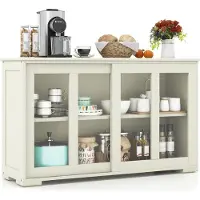 Costway Credenza , mobile da cucina con ante scorrevoli in vetro e ripiano regolabile, mobile contenitore 107 x 33 x 62,5 cm, beige