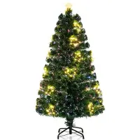 Costway Albero di Natale artificiale 150 cm con cima a stella, 24 LED bianchi caldi e 170 punte di rami, albero di Natale in fibra di vetro, albero di Natale artificiale