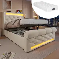 OKWISH Letto imbottito 90x200 con materasso e materassino, letto per bambini con illuminazione LED e testata di contenimento, letto contenitore con connettori USB e Type-C, velluto, beige